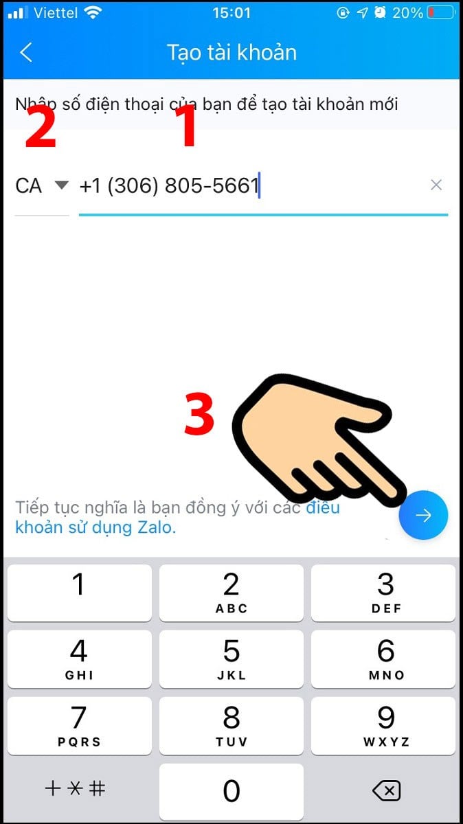 Đăng ký và nhập số điện thoại Zalo để tiếp tục tạo tài khoản
