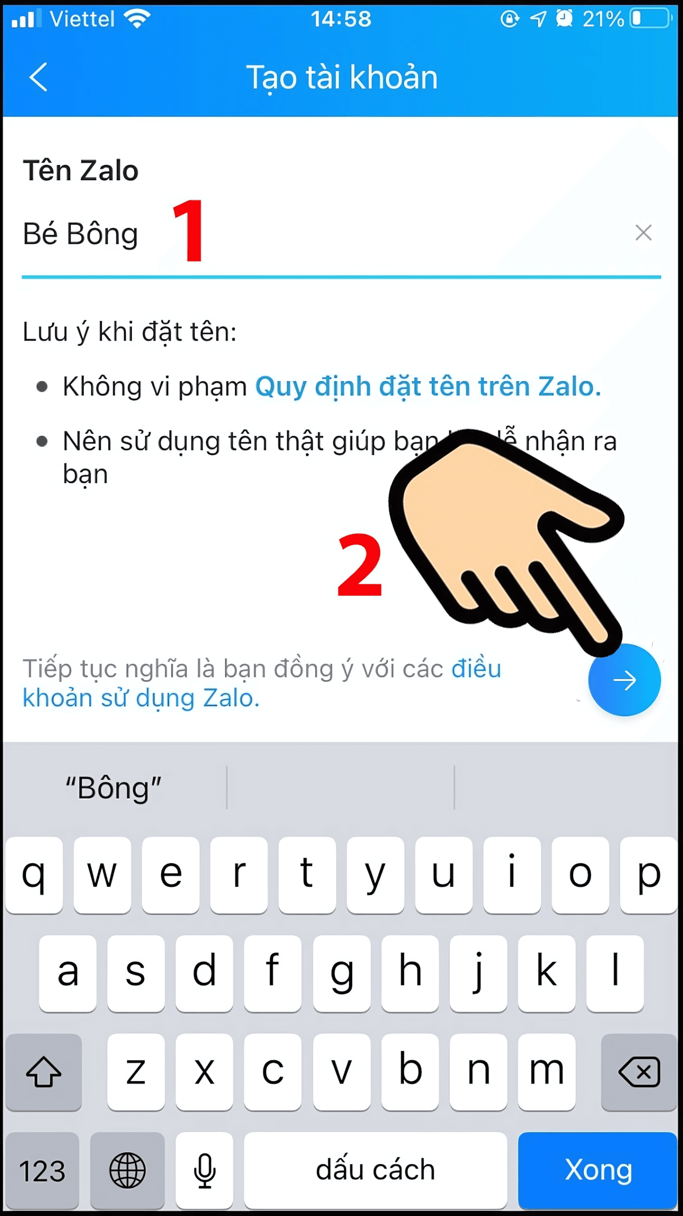 Đăng ký tên tài khoản Zalo và tiếp tục quy trình tạo tài khoản