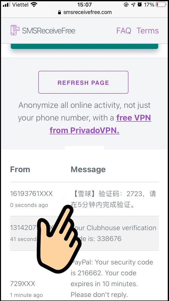 Quay lại SMSReceiveFree để lấy mã xác thực Zalo