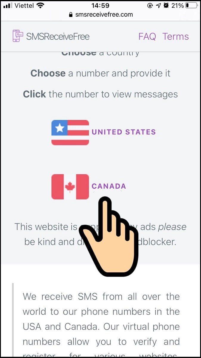 Truy cập website SMSReceiveFree và chọn quốc gia Canada để lấy số